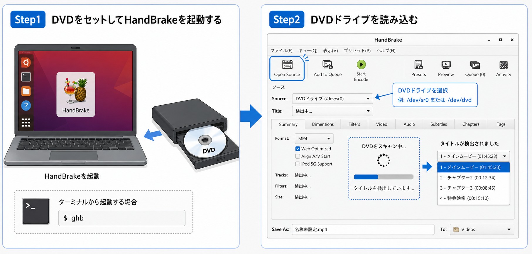 HandBrakeを起動してOpen SourceからDVDドライブを読み込む手順