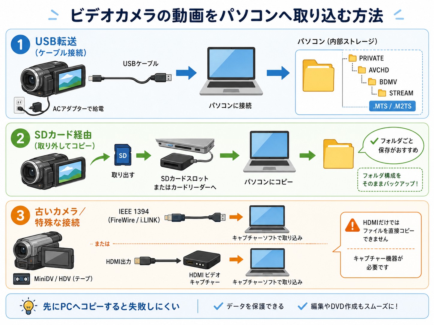 ビデオカメラの動画をパソコンへ取り込む方法